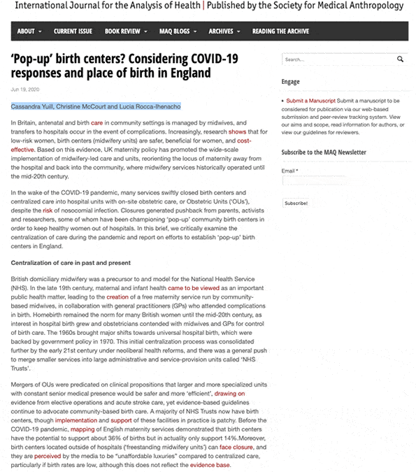 ‘Pop-up’ birth centres? Considering COVID-19 responses and place of birth in England’