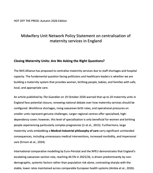 ‘Hot off the Press’: Autumn 2026 Edition – Midwifery Unit Network Policy Statement on centralisation of maternity services in England