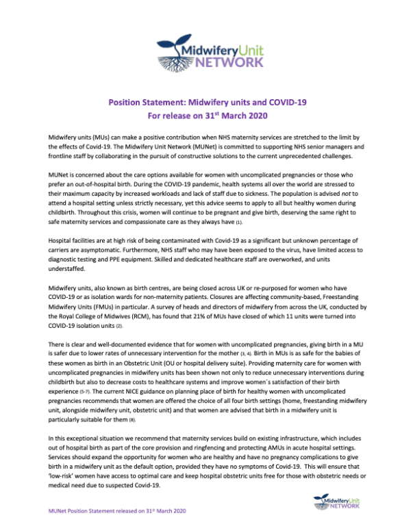 Position Statement: Midwifery units and COVID-19